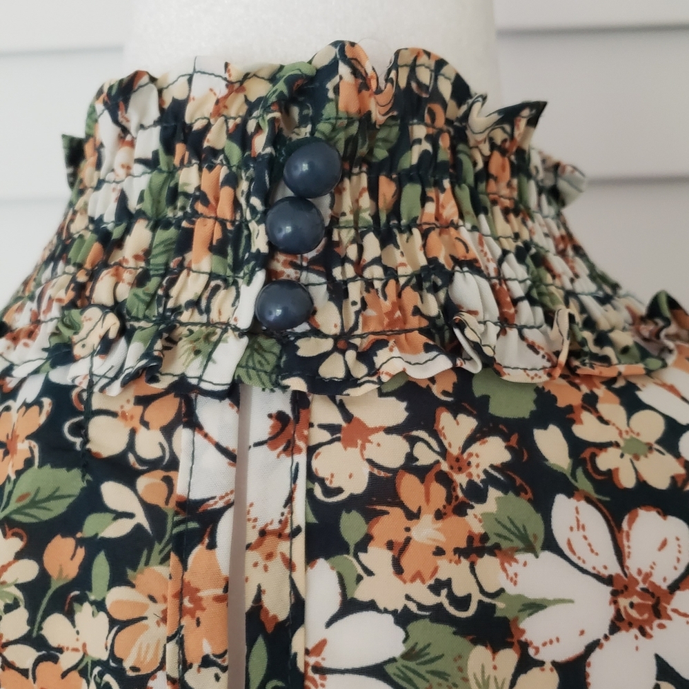 Allegra K Floral 3/4 Bell Sleeves Smocked Belted Flare Ruffle Dress Size S - Picture 8 of 16